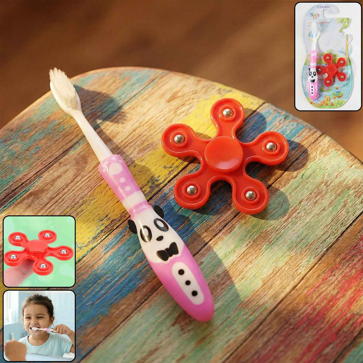 Kids Toothbrush – Fun Panda Design with Fidget Spinner Toy Set