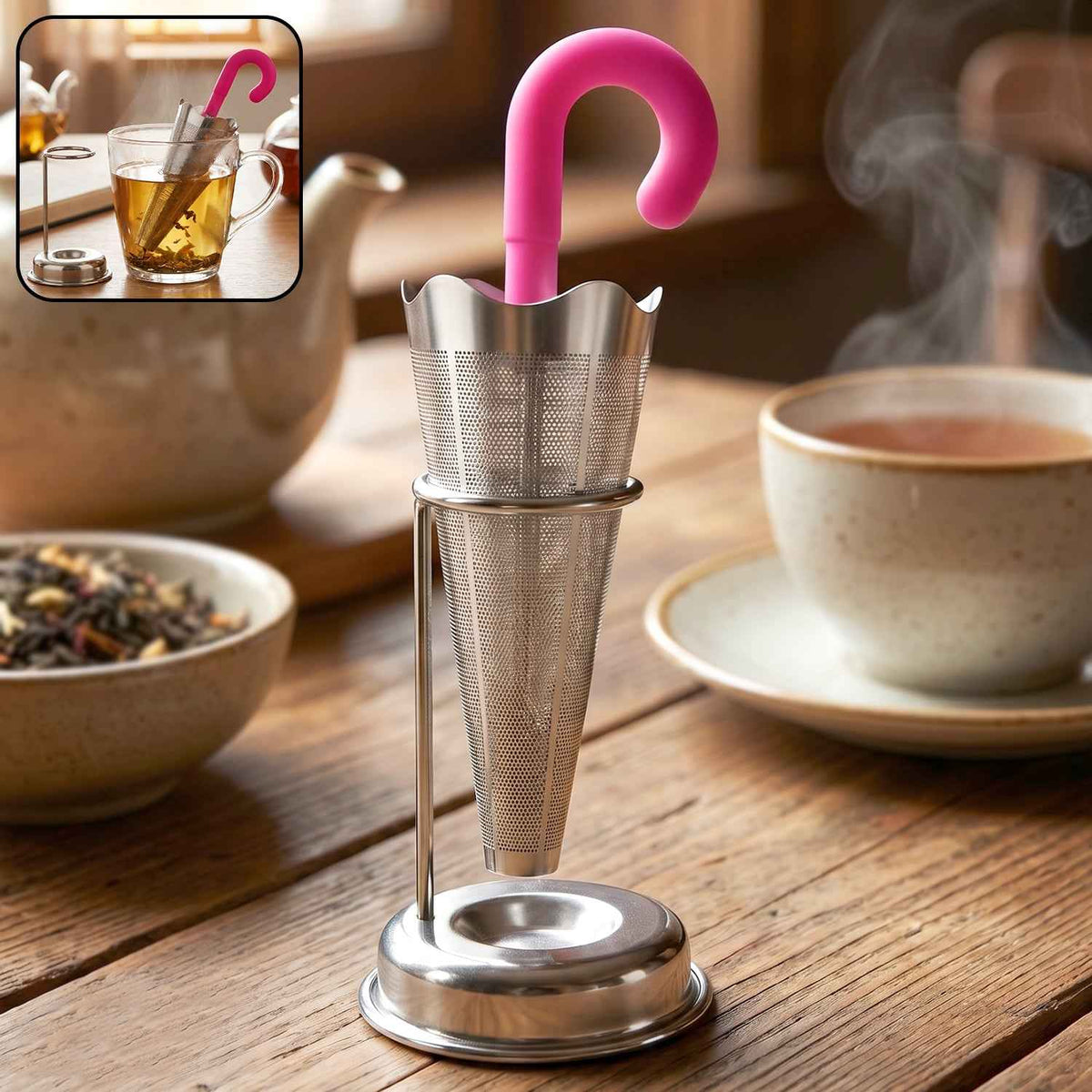 Stainless Steel Tea Strainer – Umbrella Design & Drip Tray | Siplix