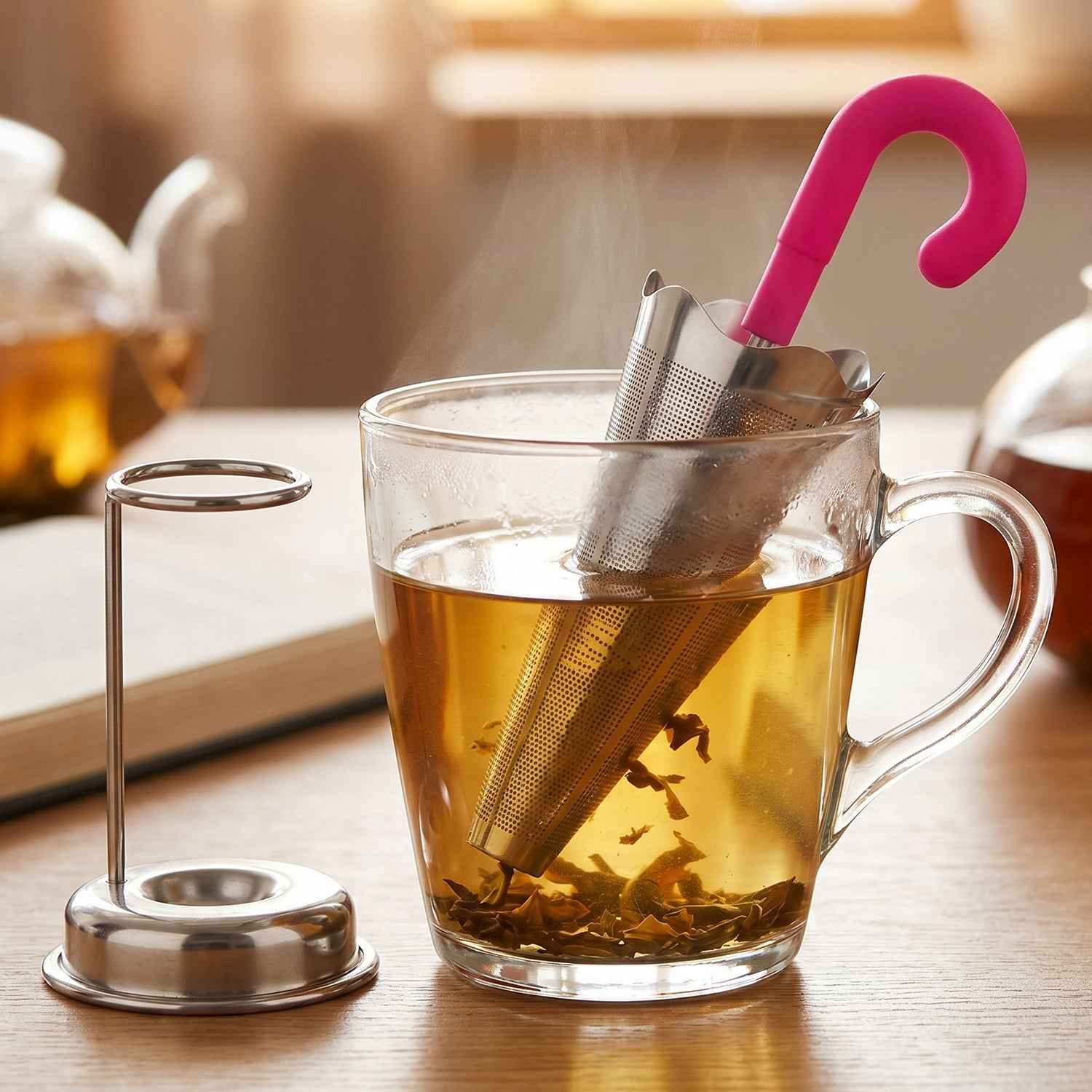 Stainless Steel Tea Strainer – Umbrella Design & Drip Tray | Siplix