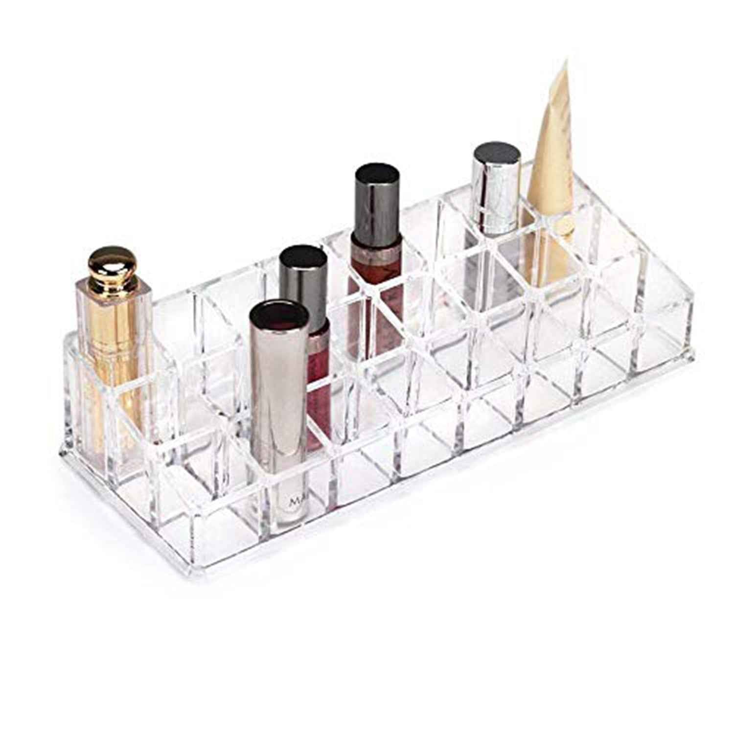 Top-down view of the clear acrylic makeup display stand, showing its efficient 24-section layout.