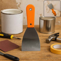 Putty knife with a soft rubber handle and flexible blade, ideal for drywall and painting tasks.