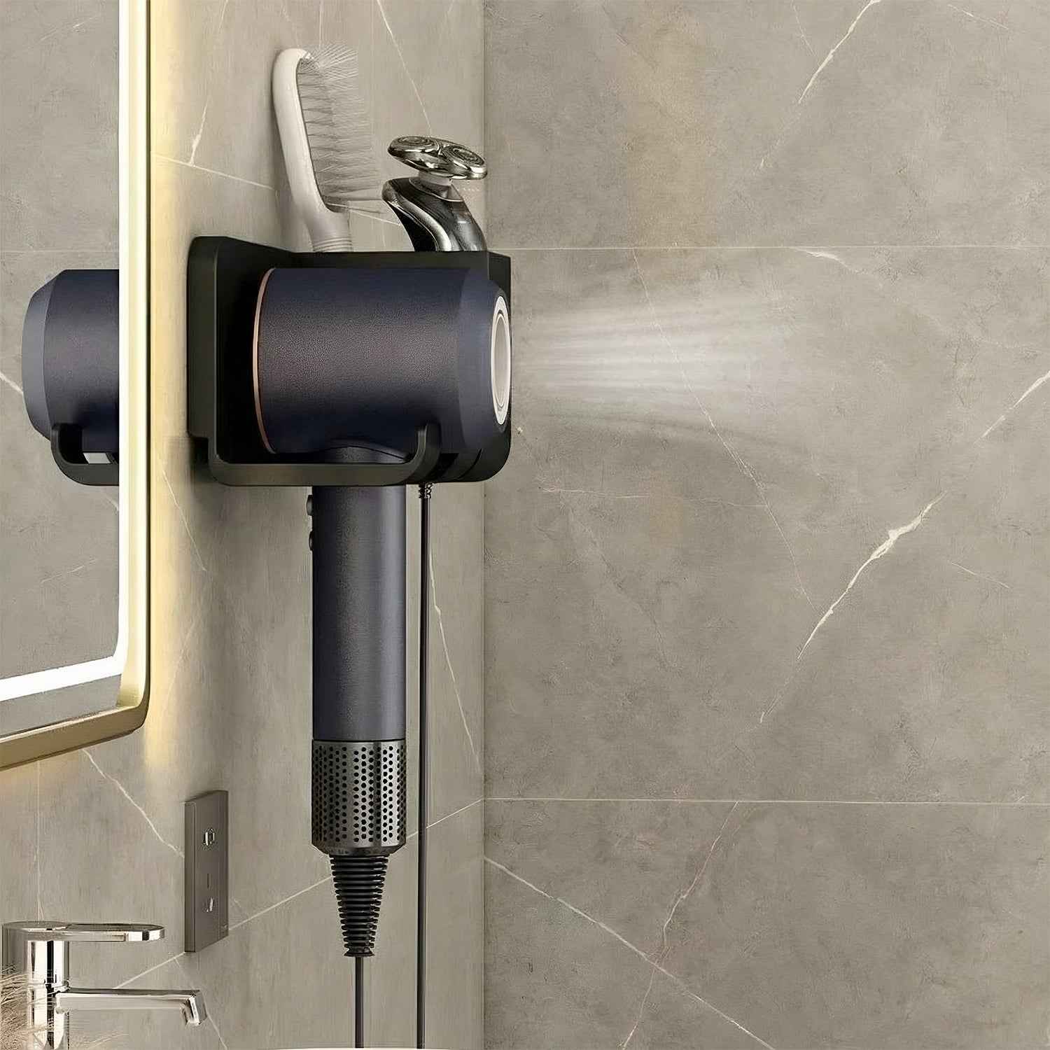 Wall Mounted Hair Dryer Holder – Space-Saving Organizer Shelf & Hook