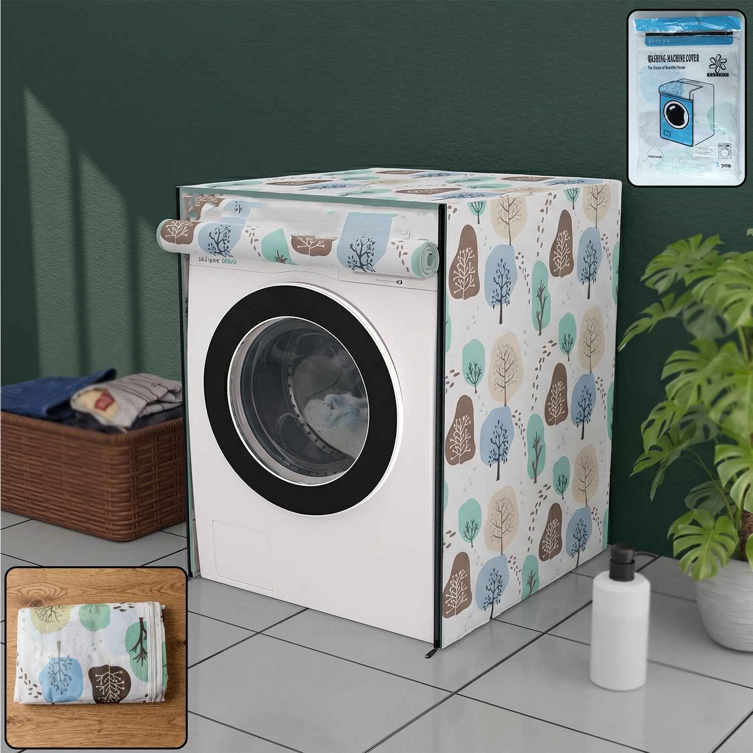 Dustproof washing machine cover, 58x62x85 cm, protecting a front-load appliance.