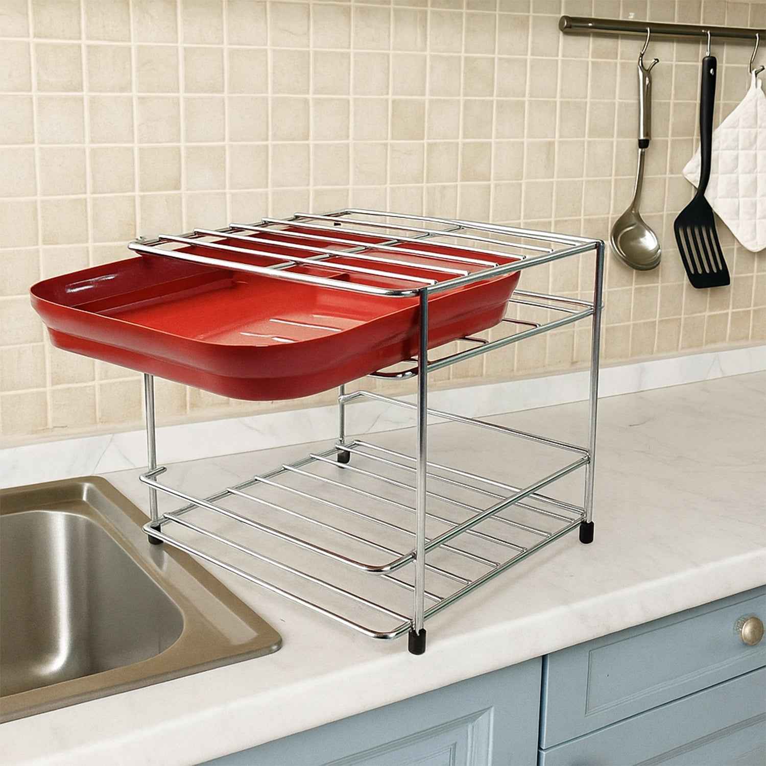 Stainless Steel 2-Tier Kitchen Utensil Storage Stand – Durable & Space-Saving