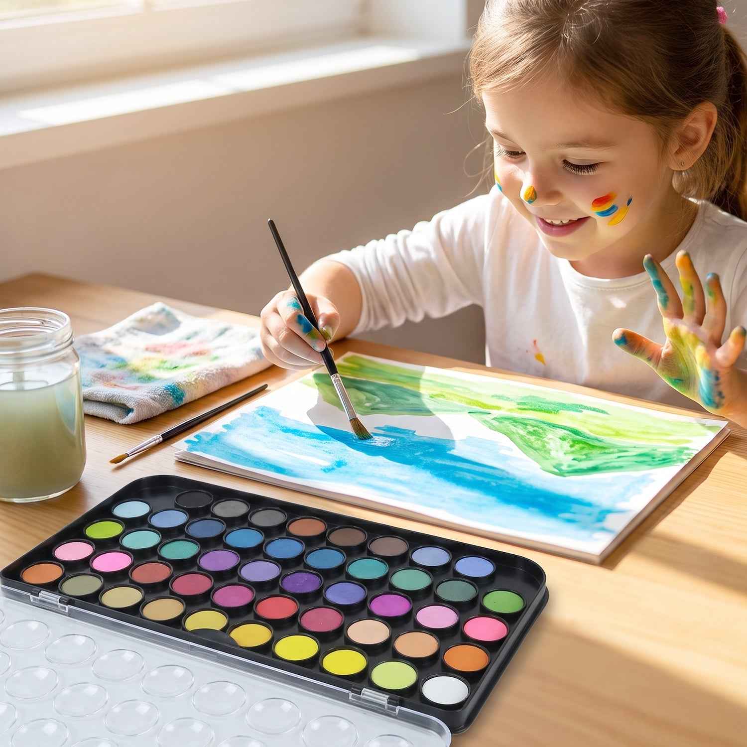 48 Color Solid Watercolor Palette Set with Brush for Art Painting (1 Set)