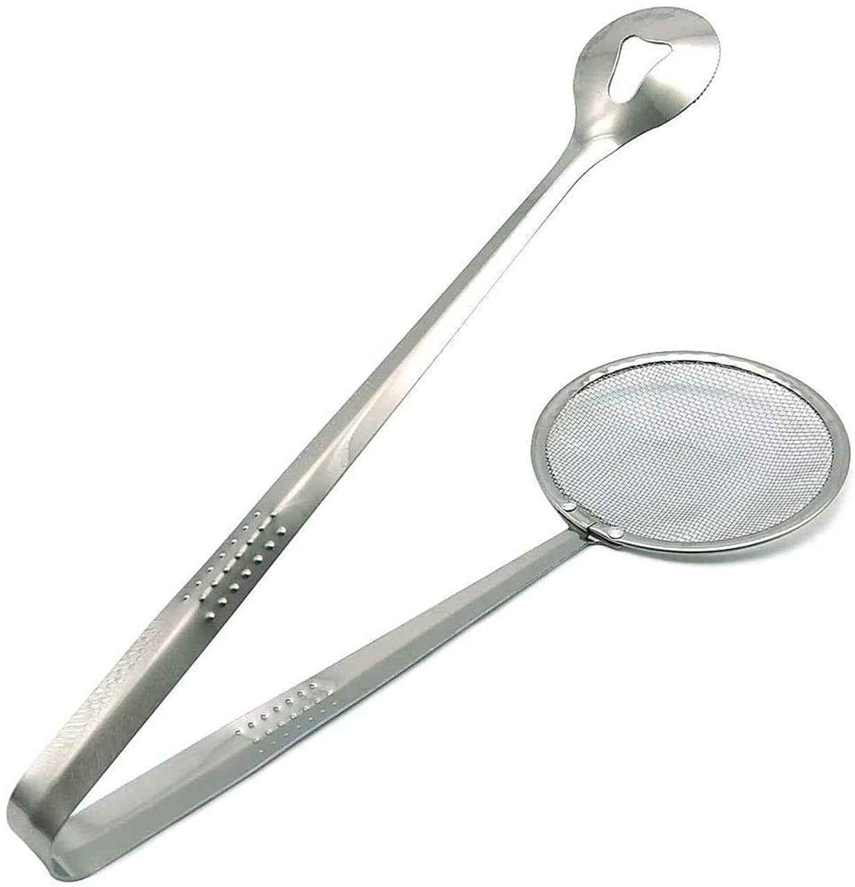 Multi-functional frying filter spoon demonstrating oil draining.