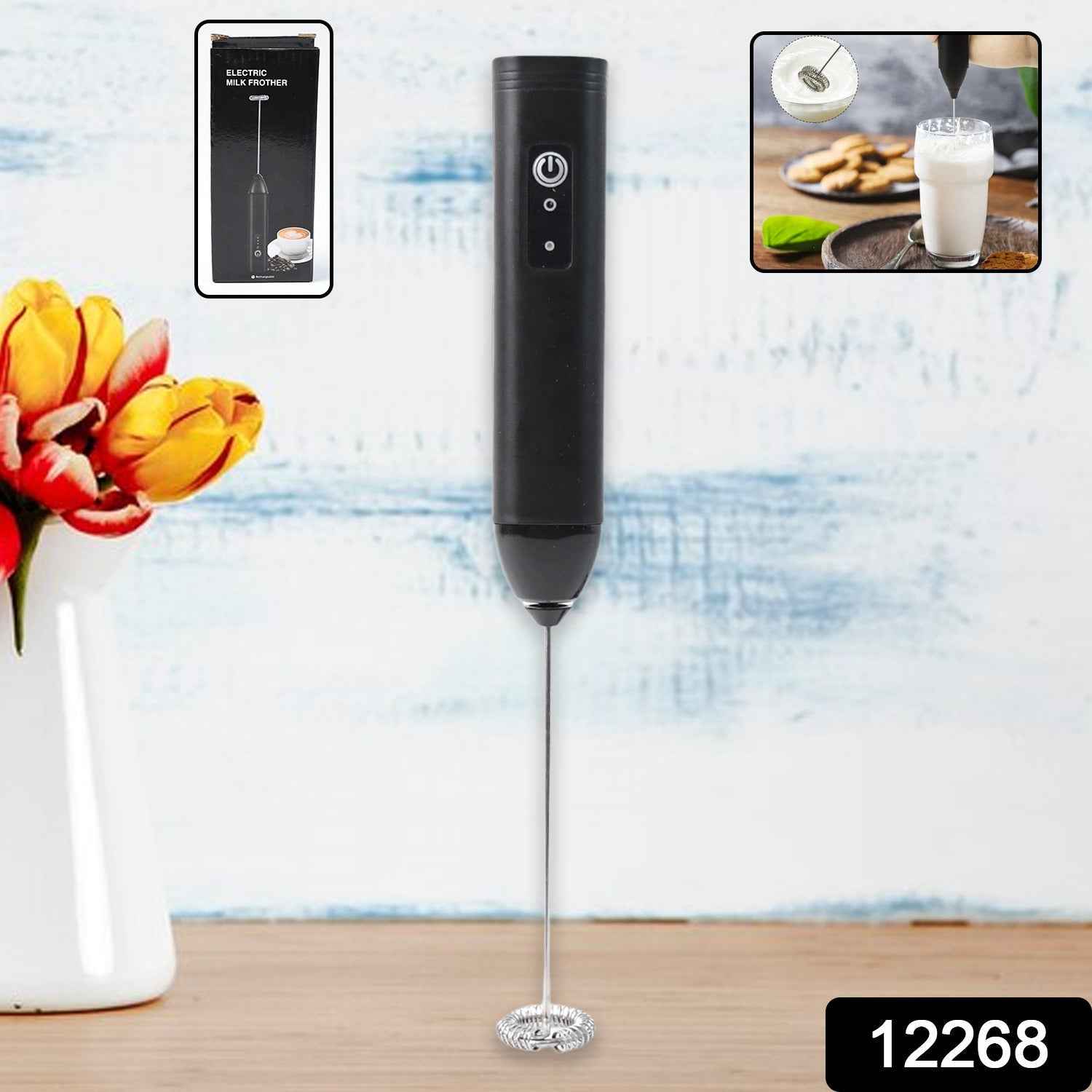 Compact battery-operated milk frother with ergonomic handle