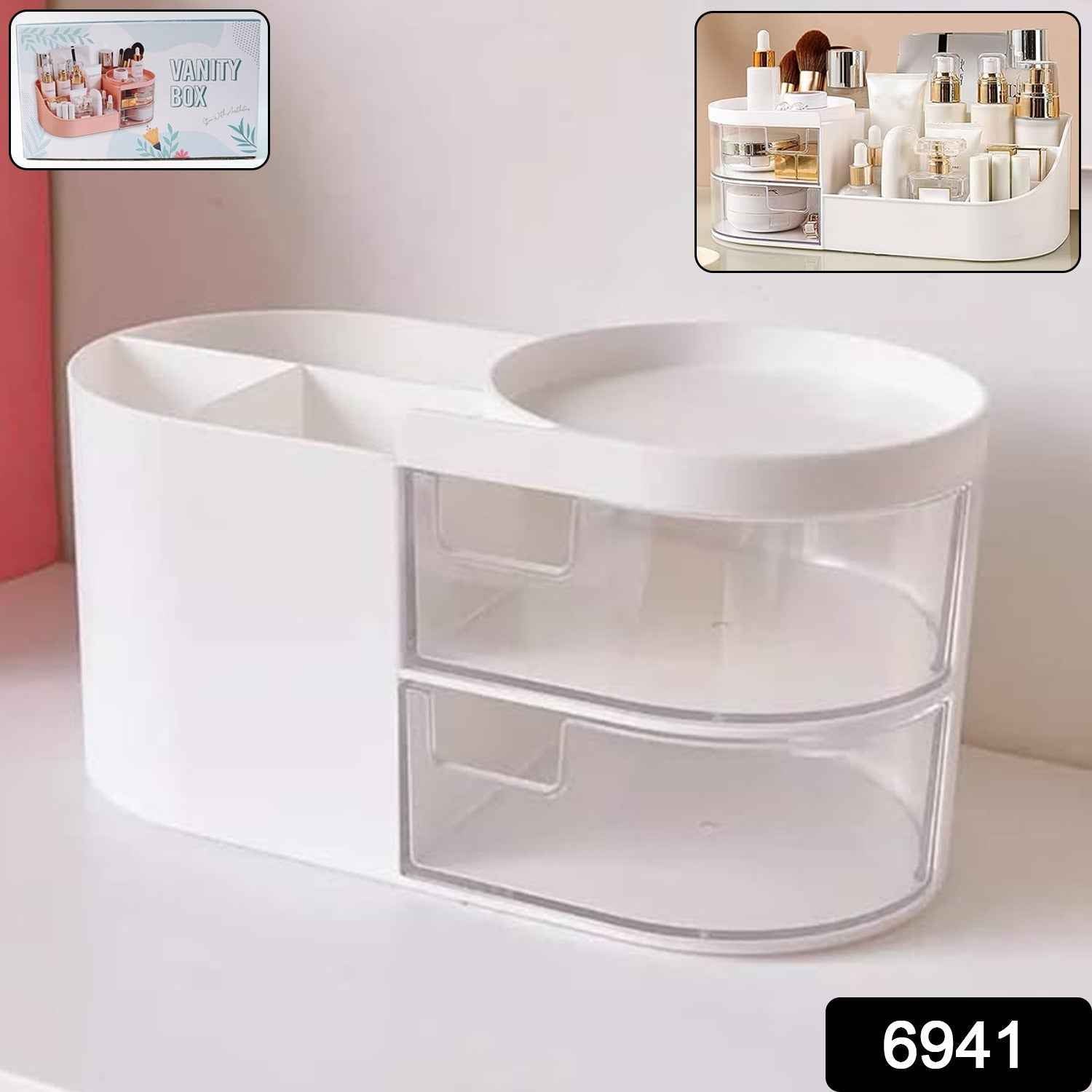 Vanity Organizer with Rotating Tray & Drawers for Easy Storage