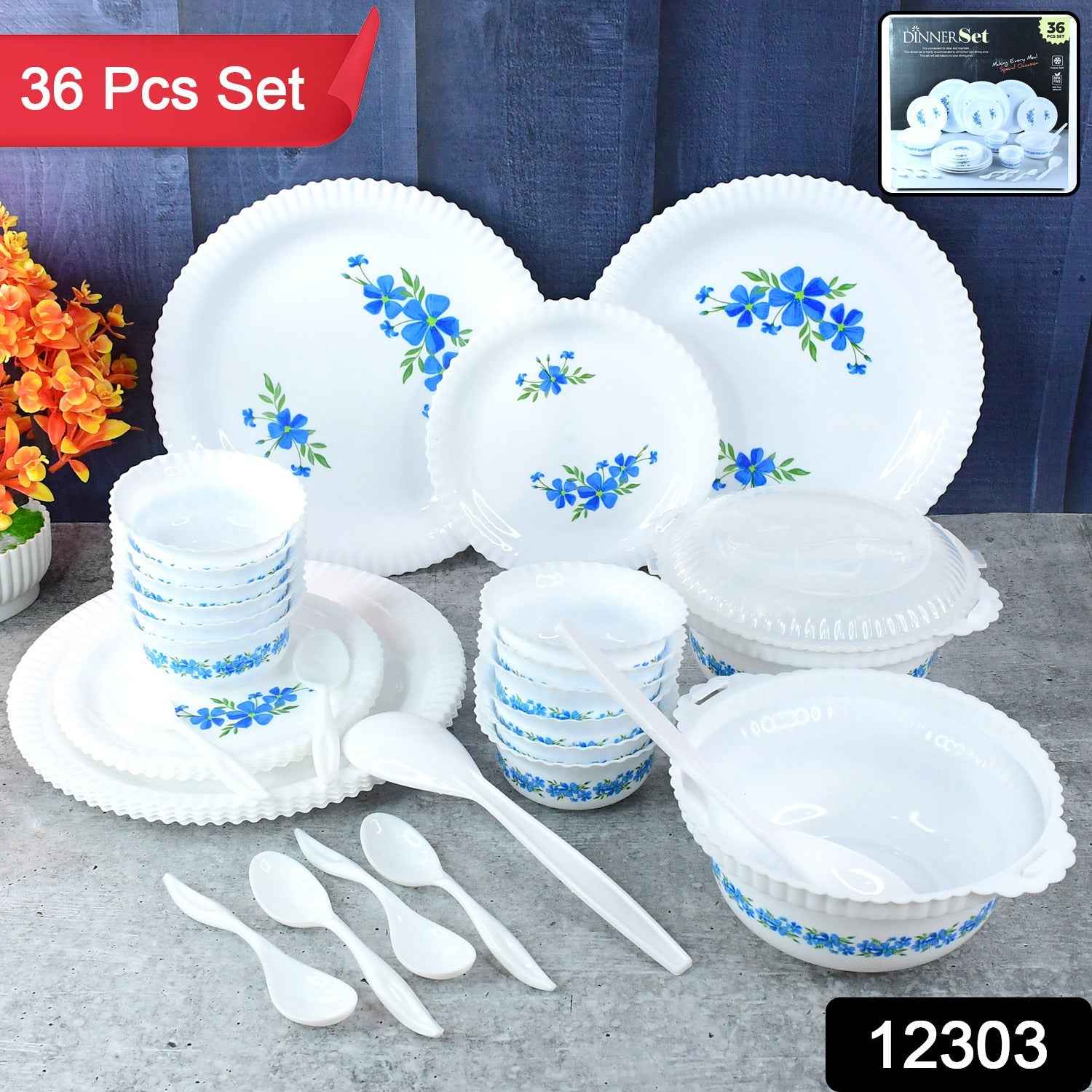 Plastic Dinner Set – Durable 36-Piece Blue Floral Design
