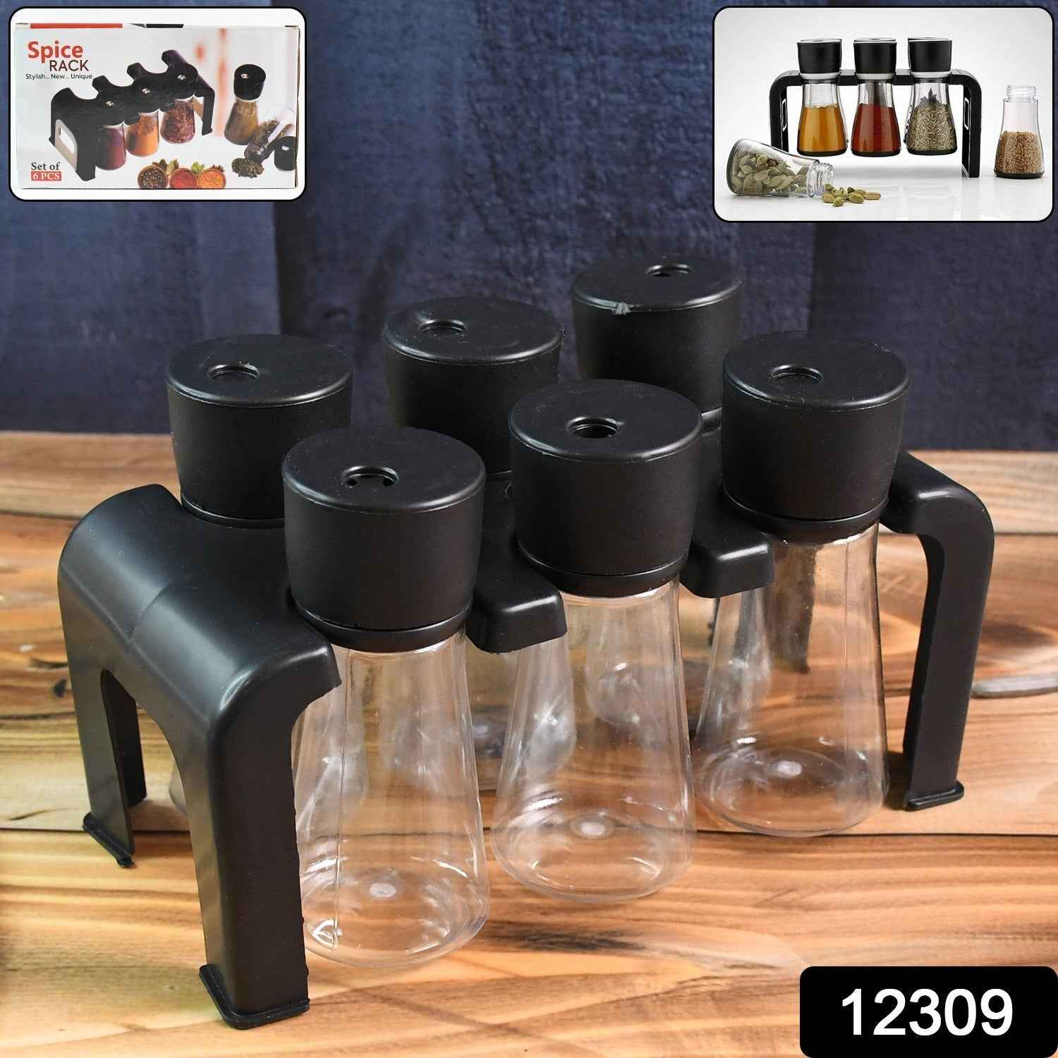 Plastic Spice Jar Set – 6-Piece Rotating Lid Organizer with Stand