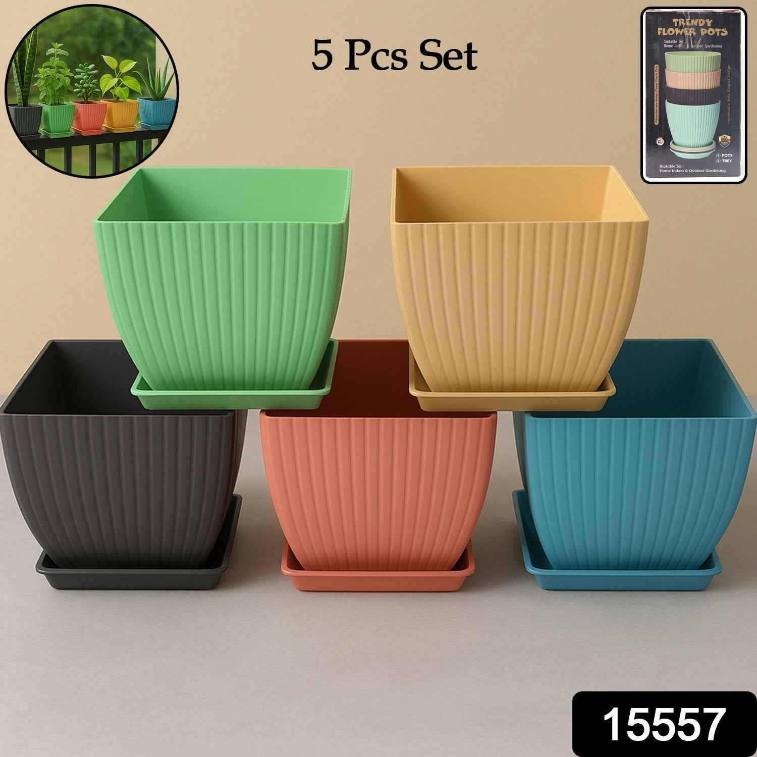 Square Plastic Flower Pots Set of 5 – Durable Lightweight Planters