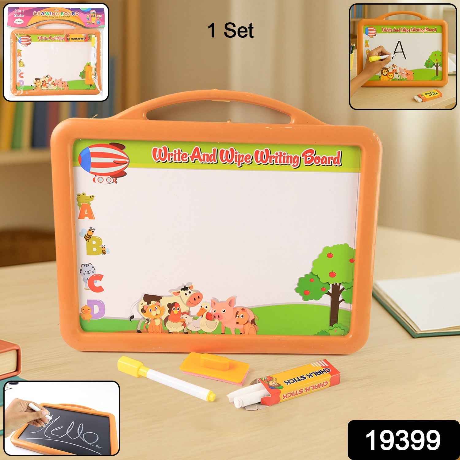 2-in-1 reversible drawing and writing board with marker and chalk set for children
