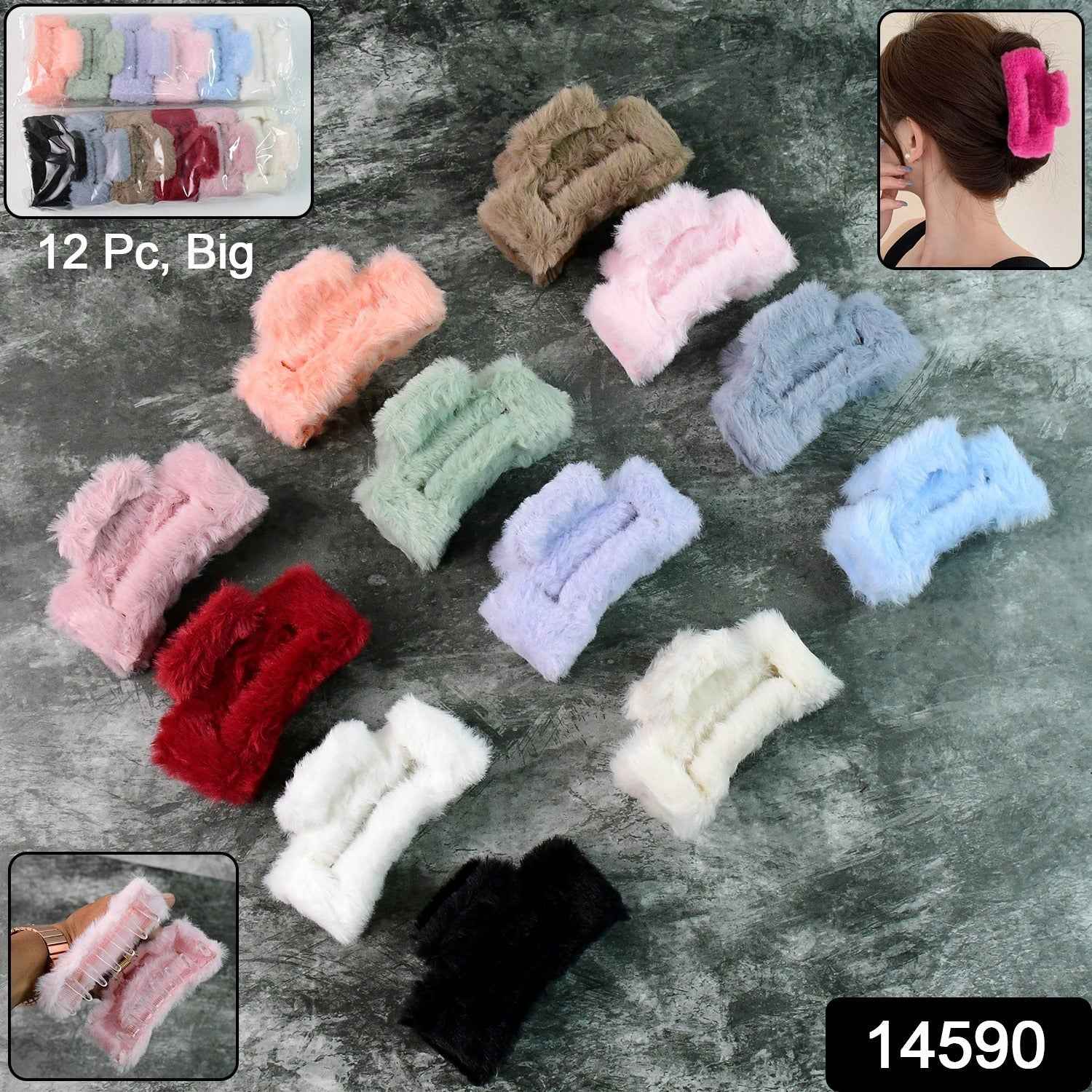 Faux Fur Hair Claw Clips – Soft, Big & Fluffy 12 Pc Set