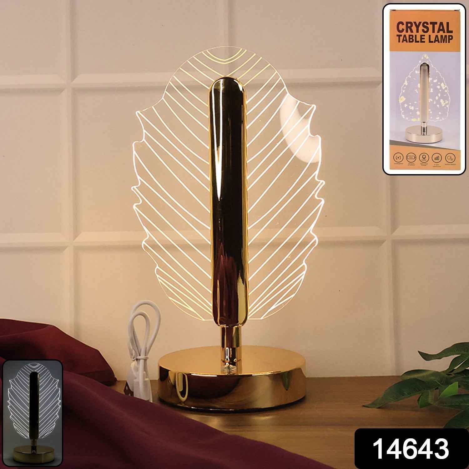 Leaf Shape Crystal Table Lamp – Elegant USB Charging LED Light