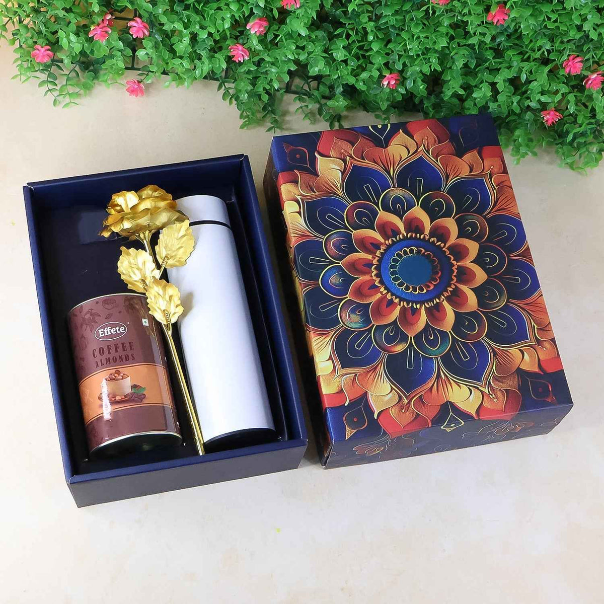 Coffee Almonds Gift Hamper – Golden Rose & Stainless Steel Bottle