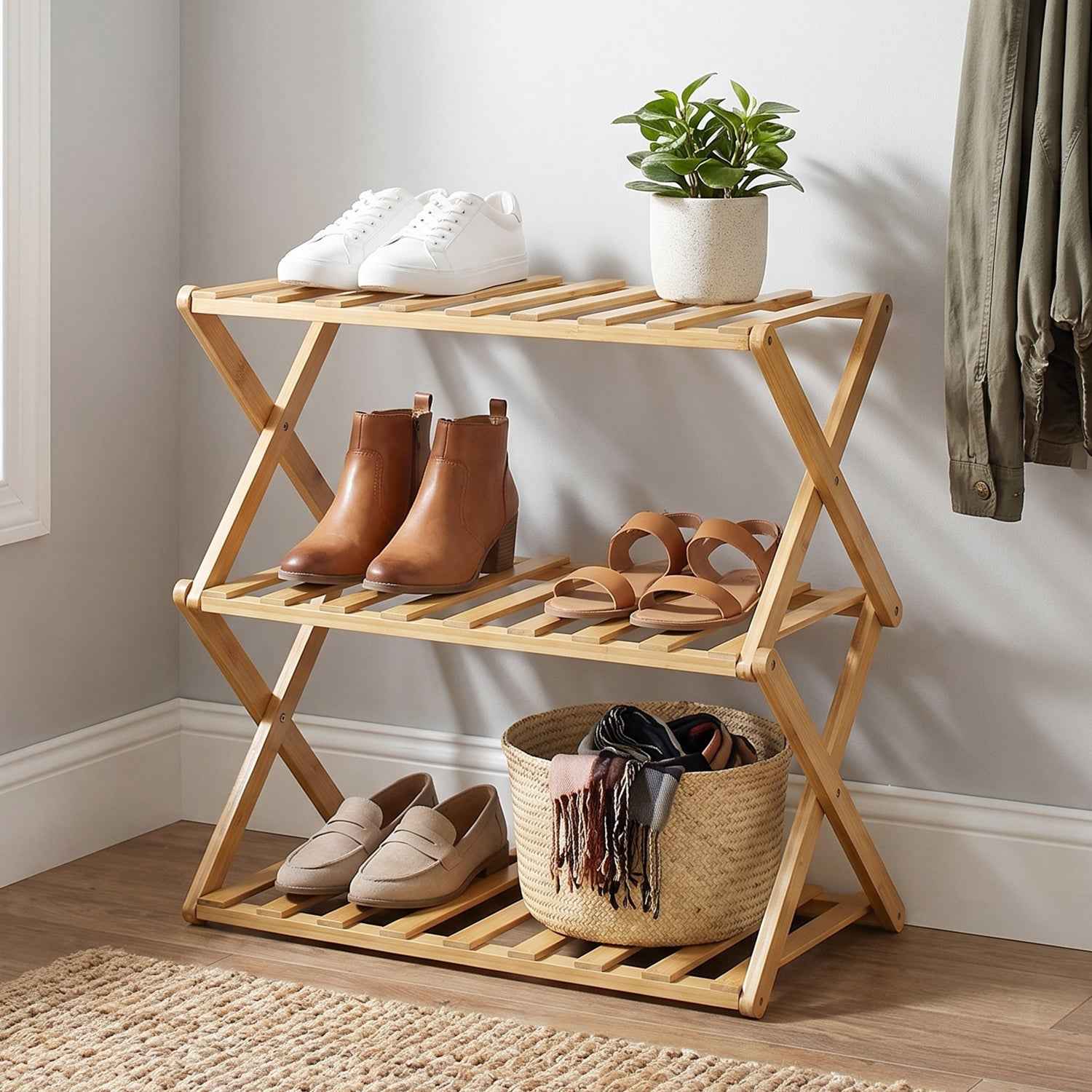 3 Layer Foldable Bamboo Shoe Rack Multi-Purpose Storage Shelf (1 Set)