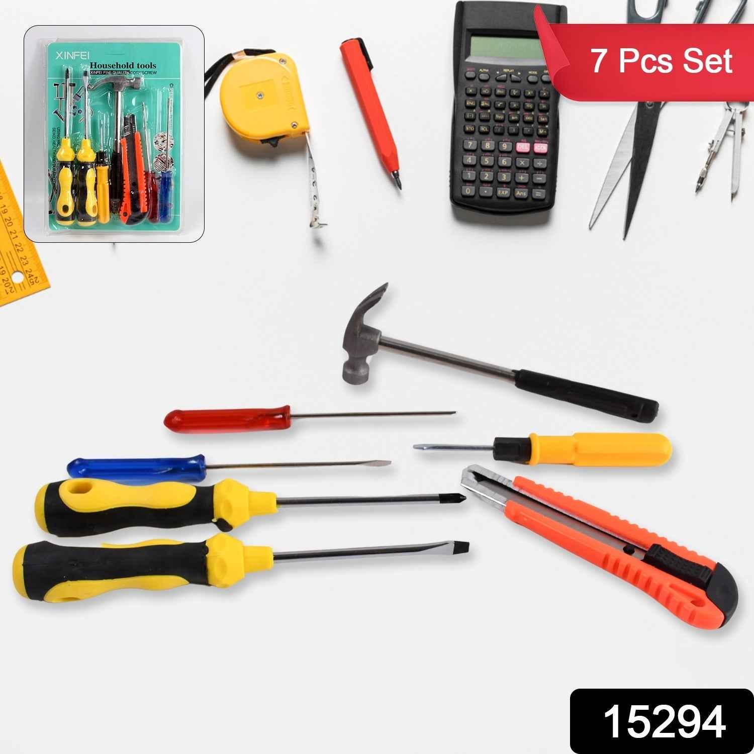 Layout of tools from the durable 7-piece hand tool kit set