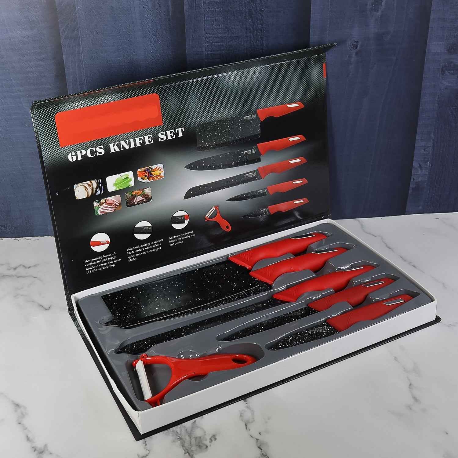 Kitchen Knife Set – Marble-Coated Blades & Ergonomic Red Handles
