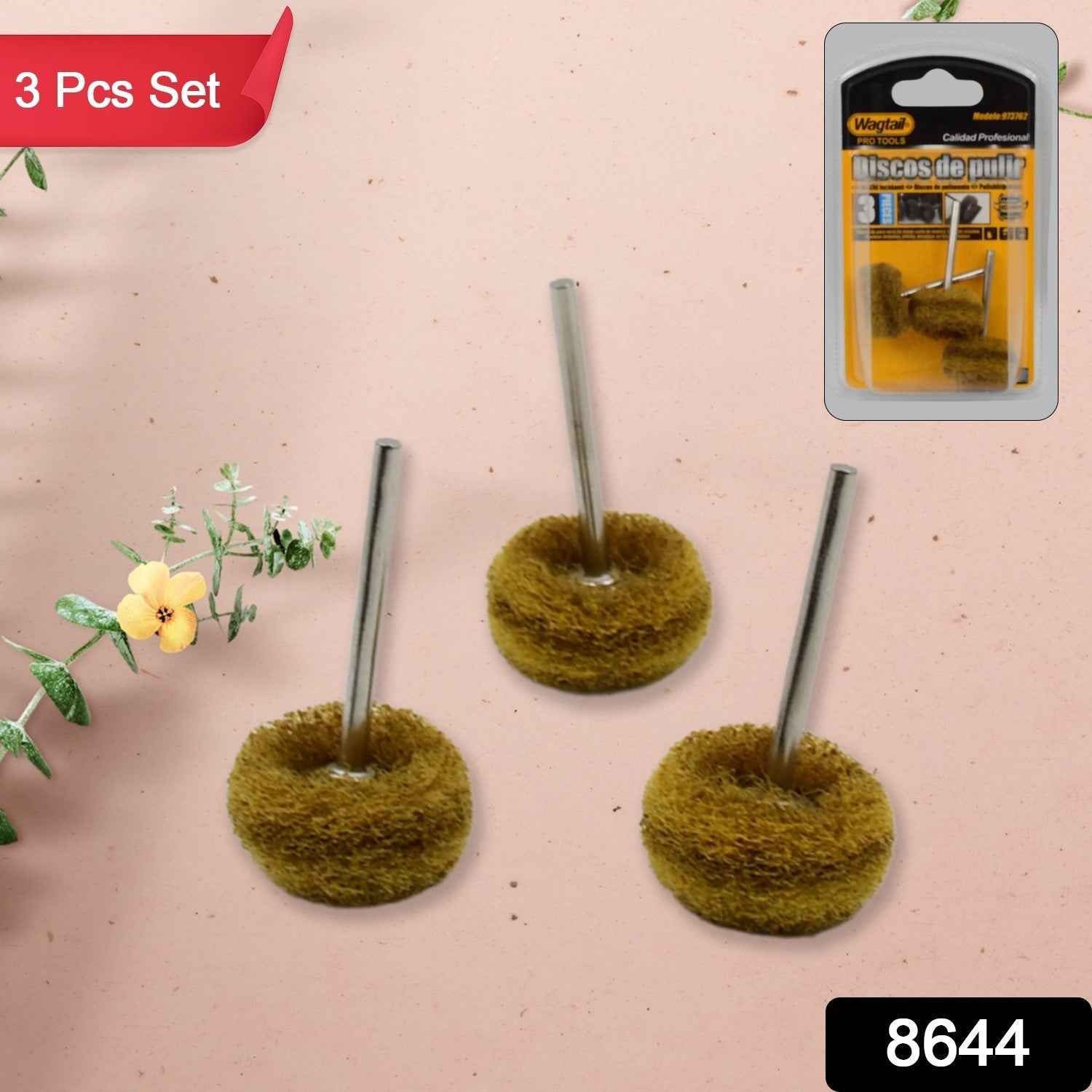 Three abrasive buffing wheels from the set, ready for use.
