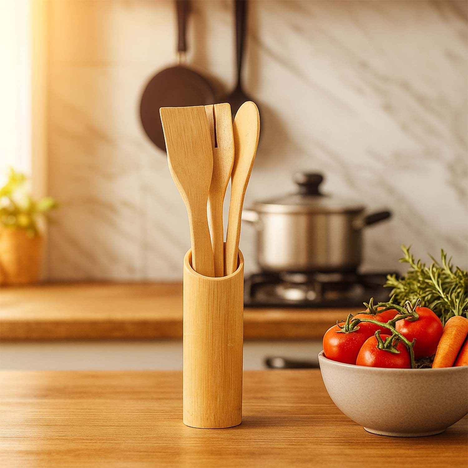 Bamboo Spatula Set – Eco-Friendly 4 Pc Cooking Utensils with Holder