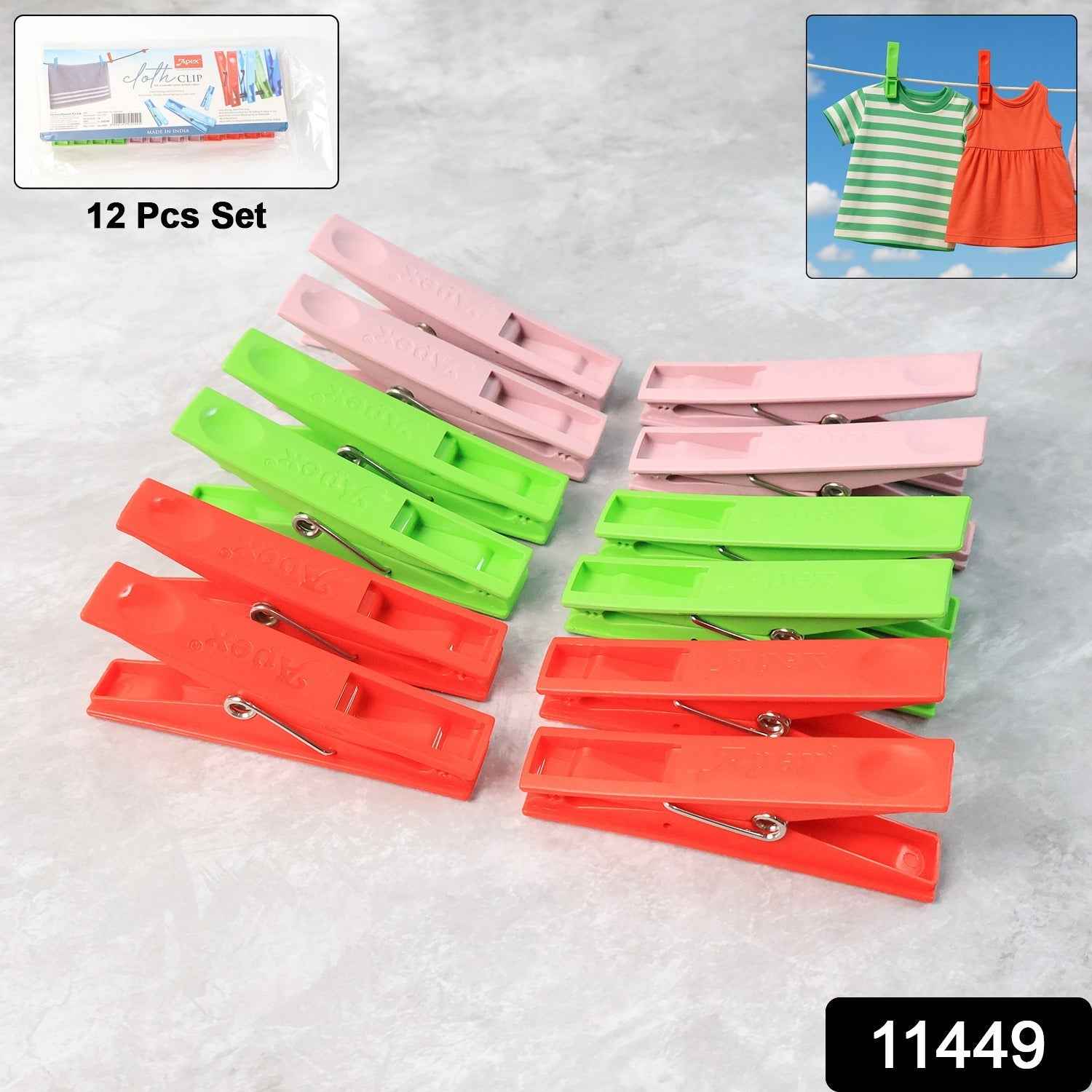 Cloth Clips Set of 12 – Durable Plastic Laundry Pegs with Strong Grip