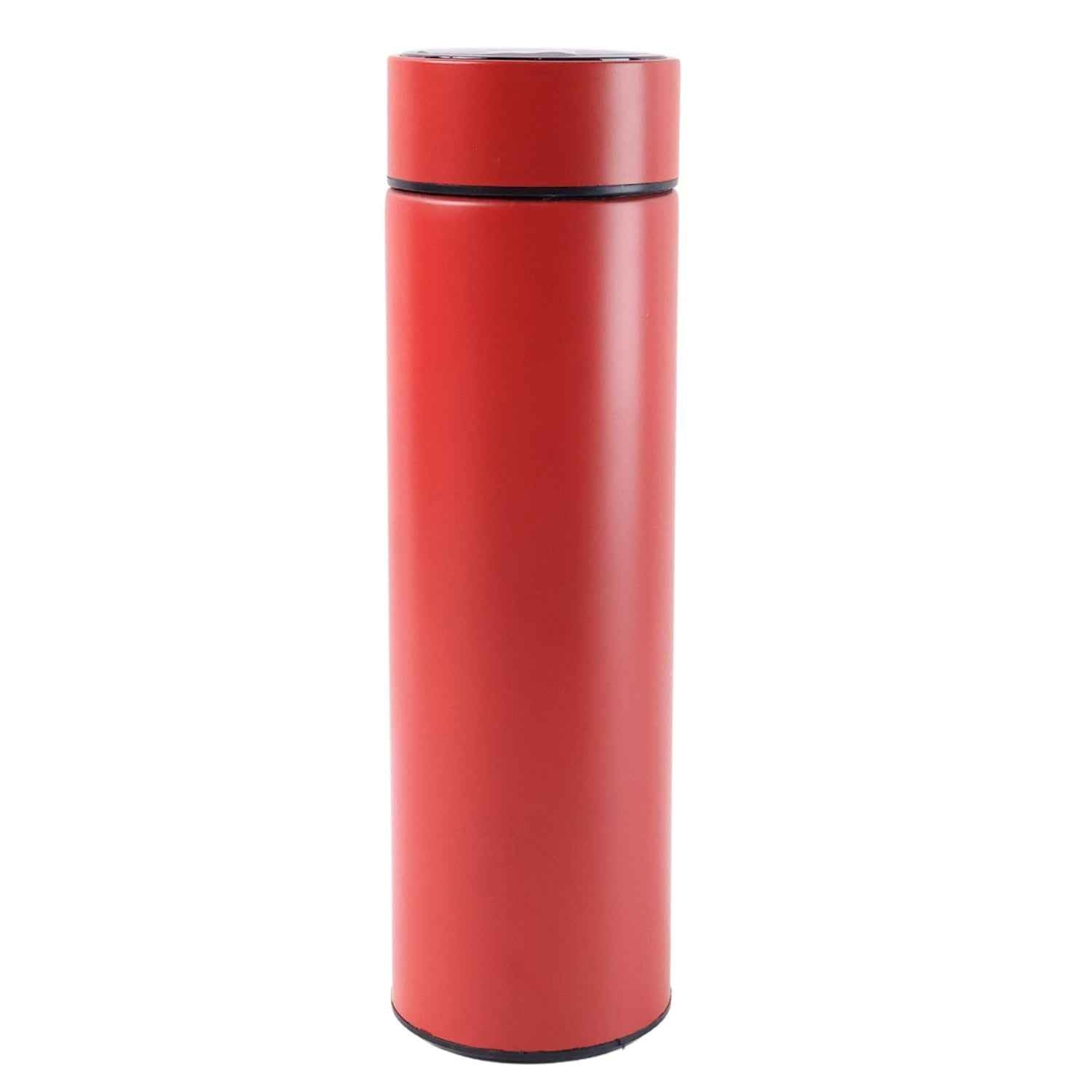 Front view of vacuum sealed red water flask with temperature display.