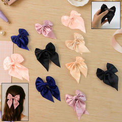 Satin Bow Hair Clip Set – Elegant Double Tail, 10 Pc Assorted Shades