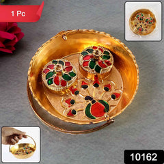 Peacock Meenakari Pooja Tray – Elegant Gold-Tone with Kumkum Bowls