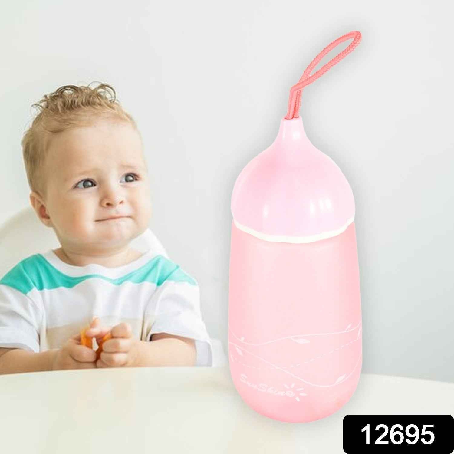 Close-up of the plastic water bottle, highlighting its distinctive long neck cap.