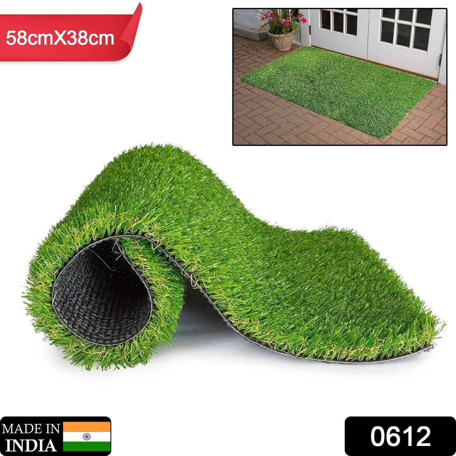 The durable plastic grass mat laid out, showcasing its vibrant green colour for a balcony.