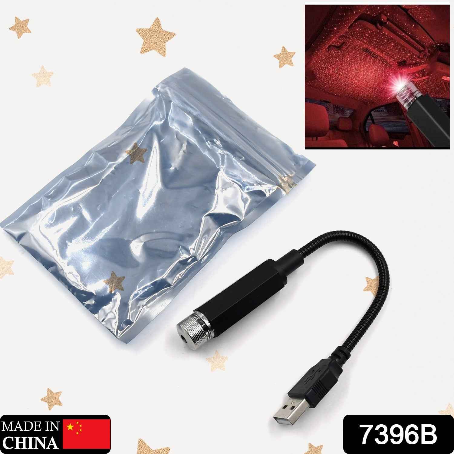 Adjustable USB Star Projector casting a romantic galaxy light on a car ceiling.