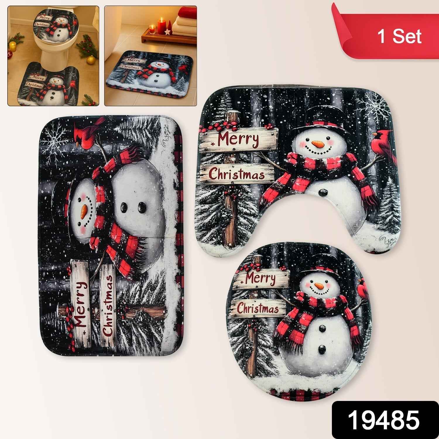 Christmas Bathroom Mat Set – Soft Snowman 3-Piece Décor