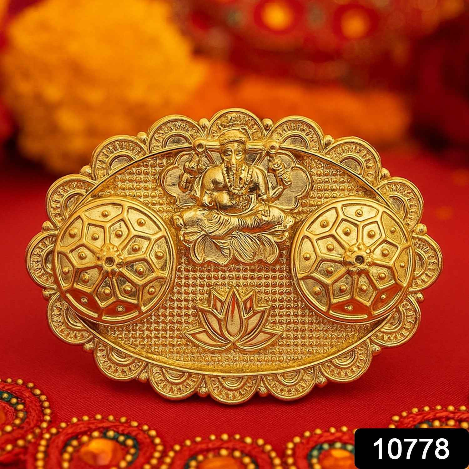 Ganesh Embossed Roli-Chawal Kumkum Chopra – Antique Gold Finish
