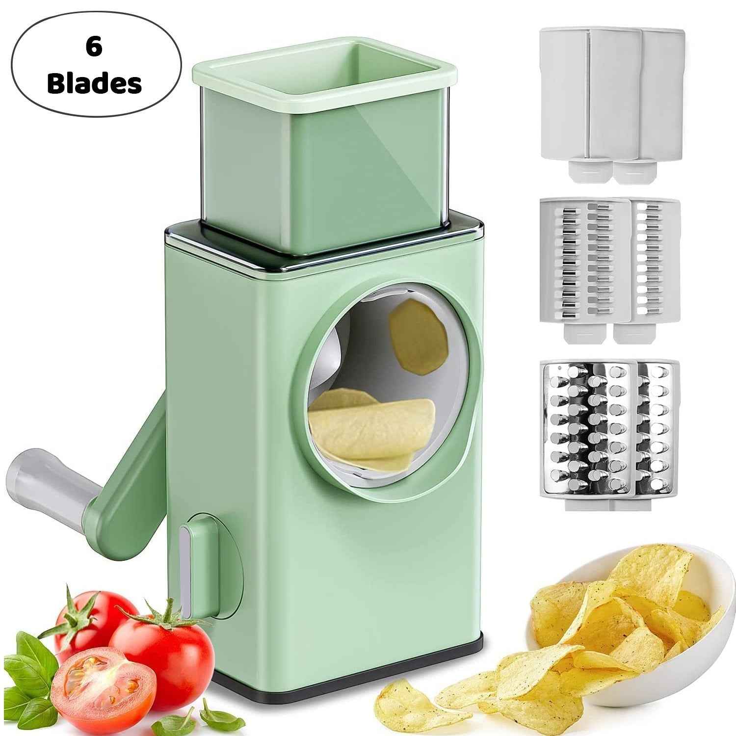 All components of the multifunctional stainless steel vegetable chopper, including 6 sharp blades.