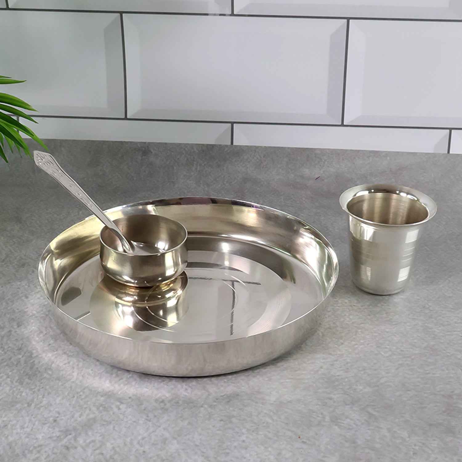 Stainless Steel Pooja Thali Set – Complete 4-Piece Dining Set