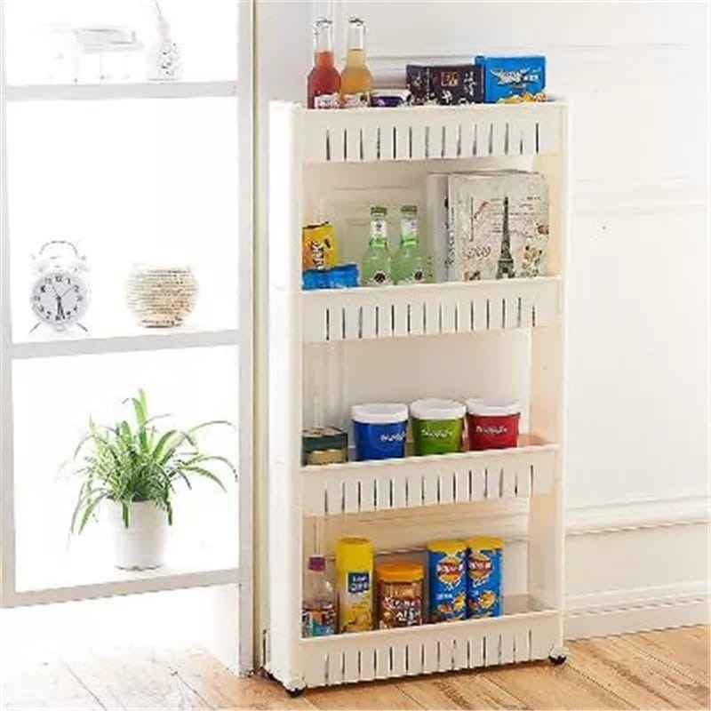 Multicolor 4-tier space saving storage rack with wheels, shown in a kitchen setting.