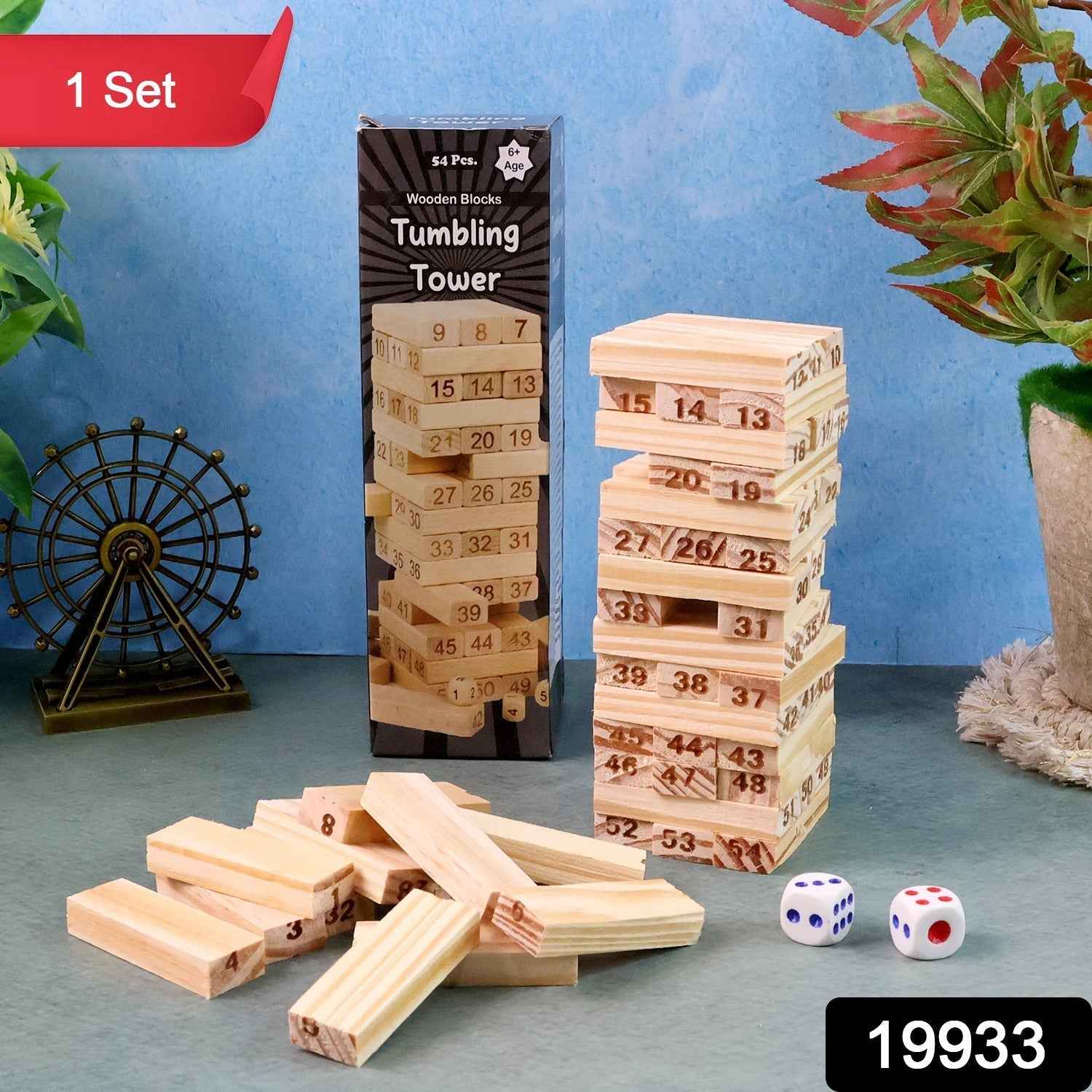 Wooden Tumbling Tower Game – 54 Numbered Blocks & Dice Set