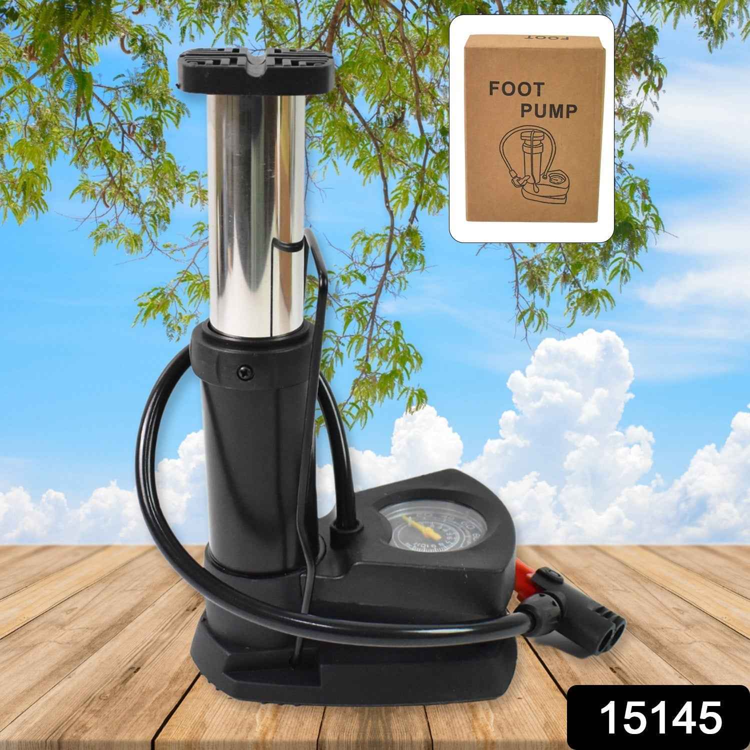 Ergonomic foot bike pump in use, easily inflating a bicycle tire.