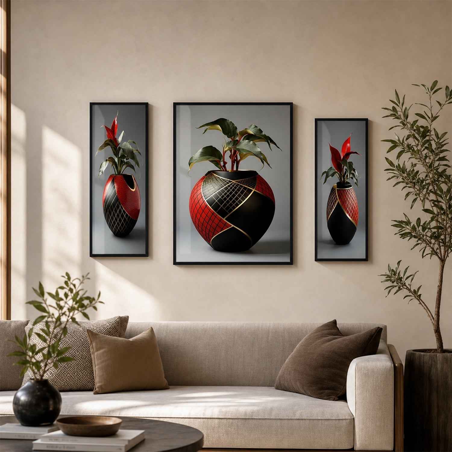 Flower Vase Wall Art Ð Vibrant Floral 3-Panel MDF Frame