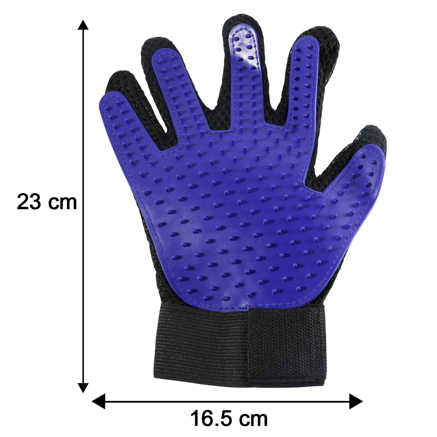 Infographic showing the dimensions and key features of the deshedding glove.