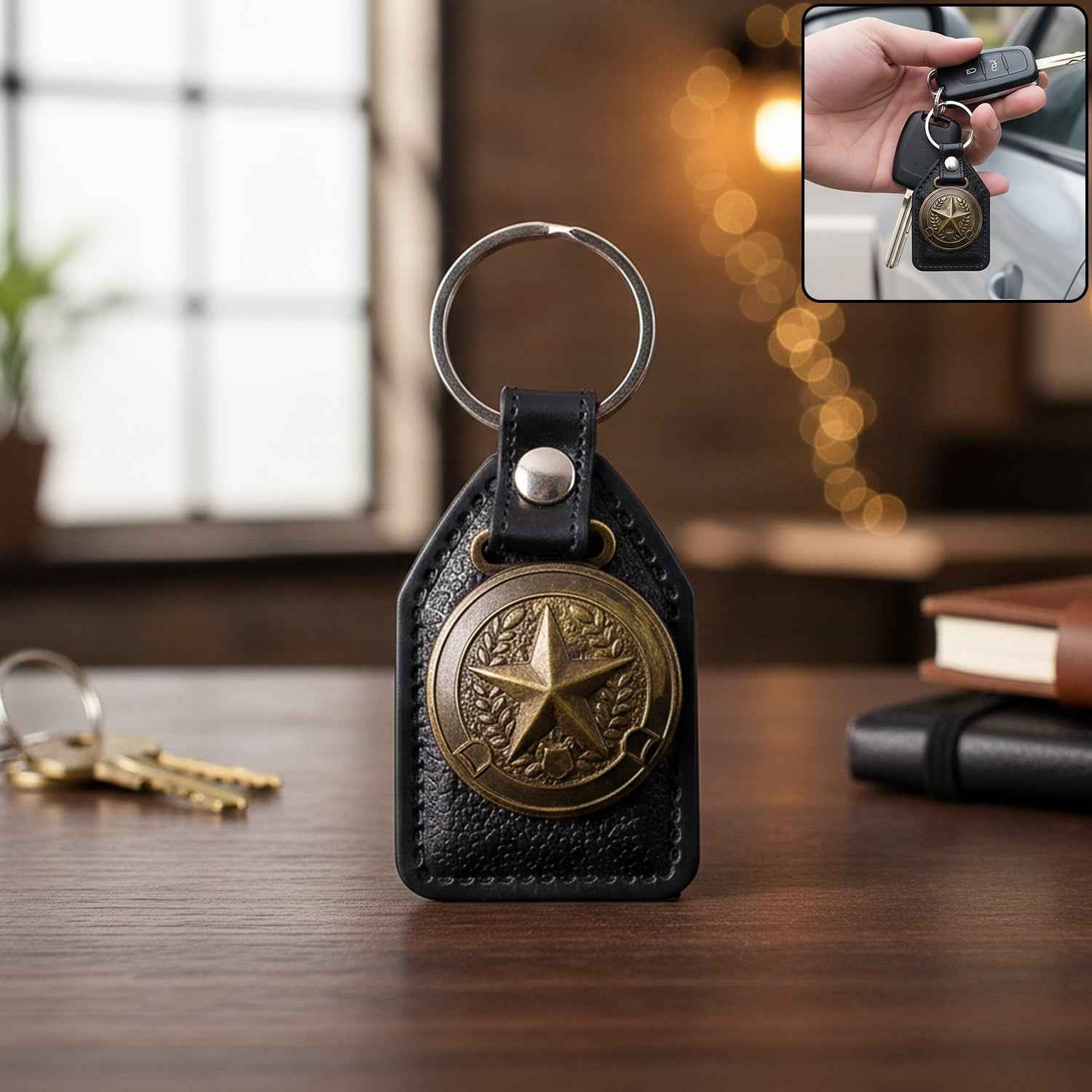 Leather Finish Metal Star Emblem Keychain – Durable & Stylish