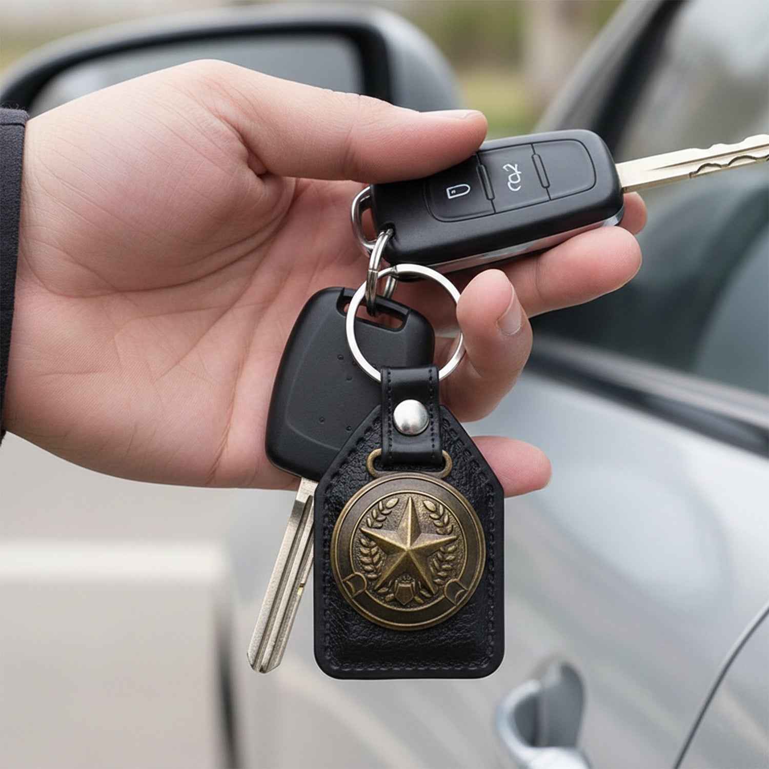 Leather Finish Metal Star Emblem Keychain – Durable & Stylish