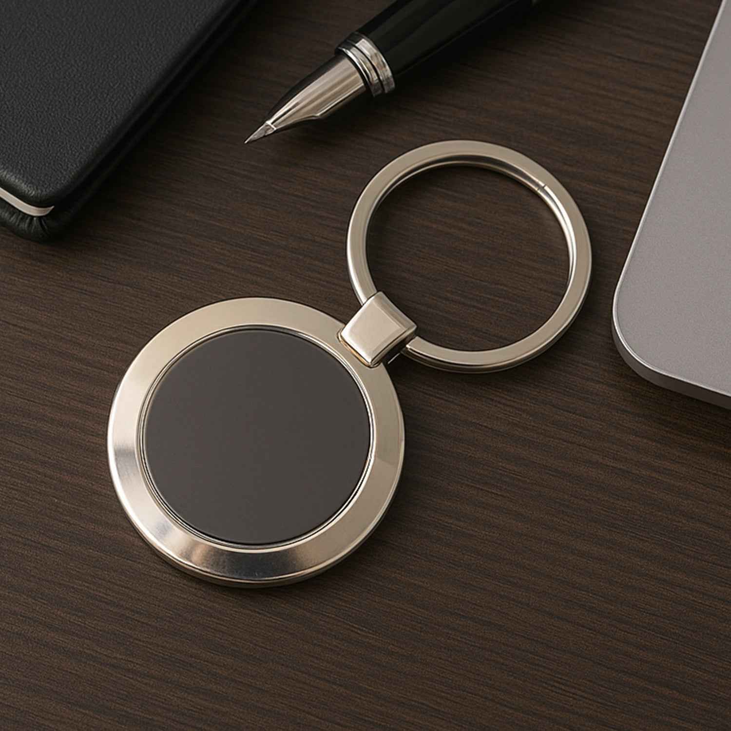 Round Metal Keychain – Durable Chrome Finish with Black Center