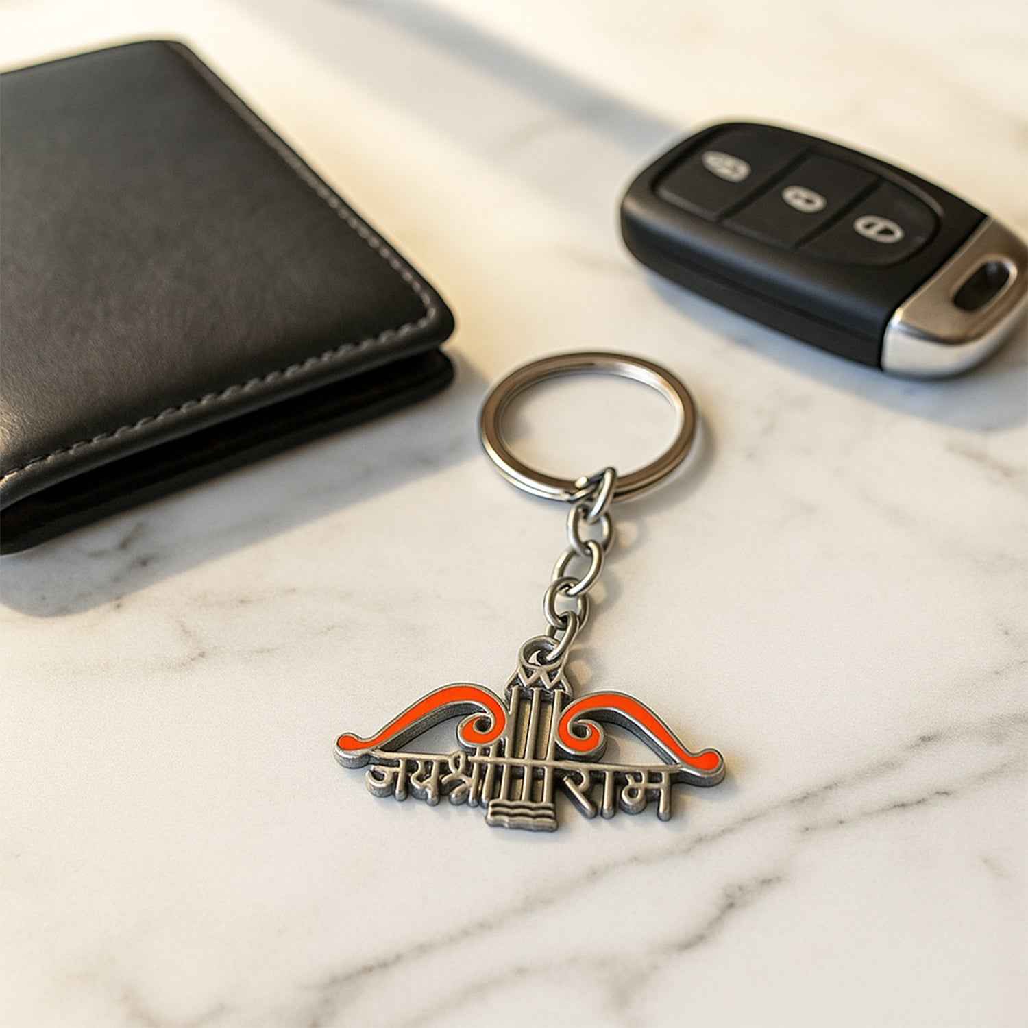 Jai Shree Ram Metal Keychain – Durable Spiritual Car & Bike Accessory