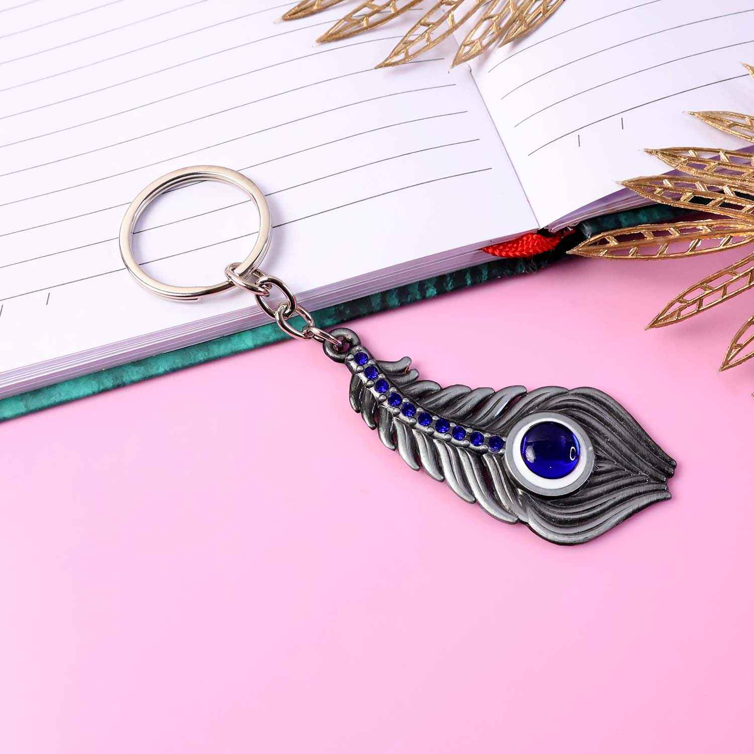 Peacock Feather Keychain – Elegant Metal with Blue Gem Accent