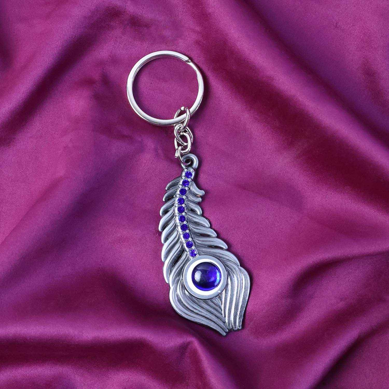 Peacock Feather Keychain – Elegant Metal with Blue Gem Accent