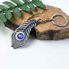 Peacock Feather Keychain – Elegant Metal with Blue Gem Accent