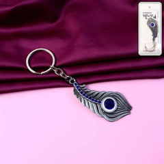 Peacock Feather Keychain – Elegant Metal with Blue Gem Accent