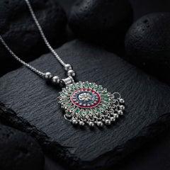 Floral Mandala Pendant Necklace – Antique Silver-Tone Oxidized Design