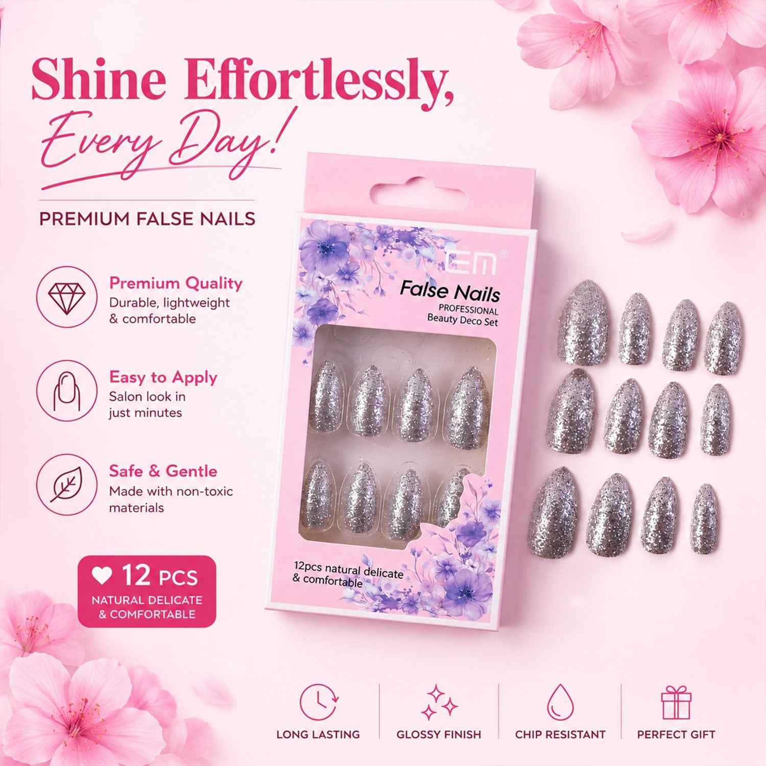 Glitter Press-On False Nails – Reusable Glossy Mix Designs